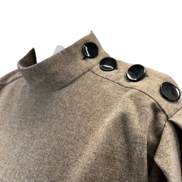 Zara Top Tan Size M Belt Tie Wool Blend Balloon Sleeve Mock Neck Buttons Blouse - Picture 6 of 11